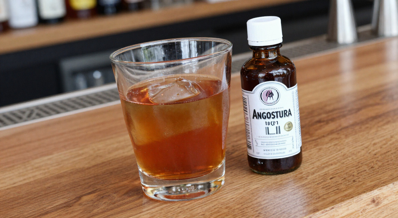 Angostura bitters bottle beside a mixing glass of ruby-amber cocktail