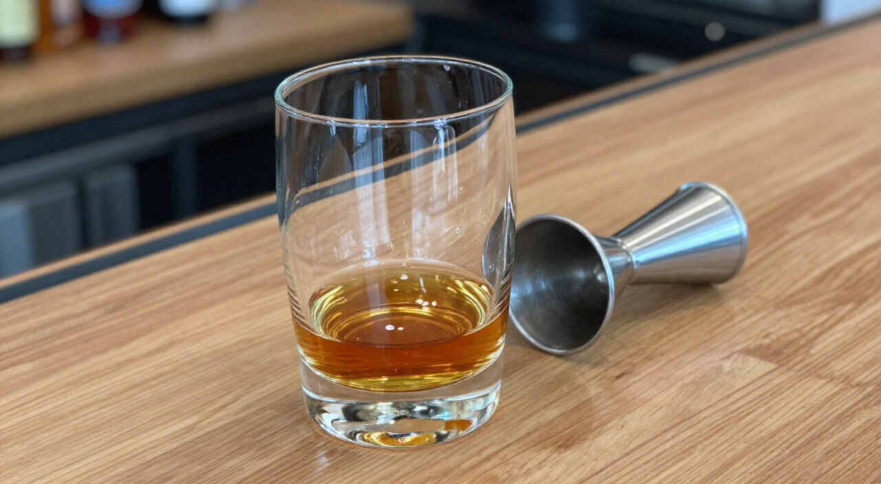 blended Scotch whisky poured into a mixing glass with a jigger beside it