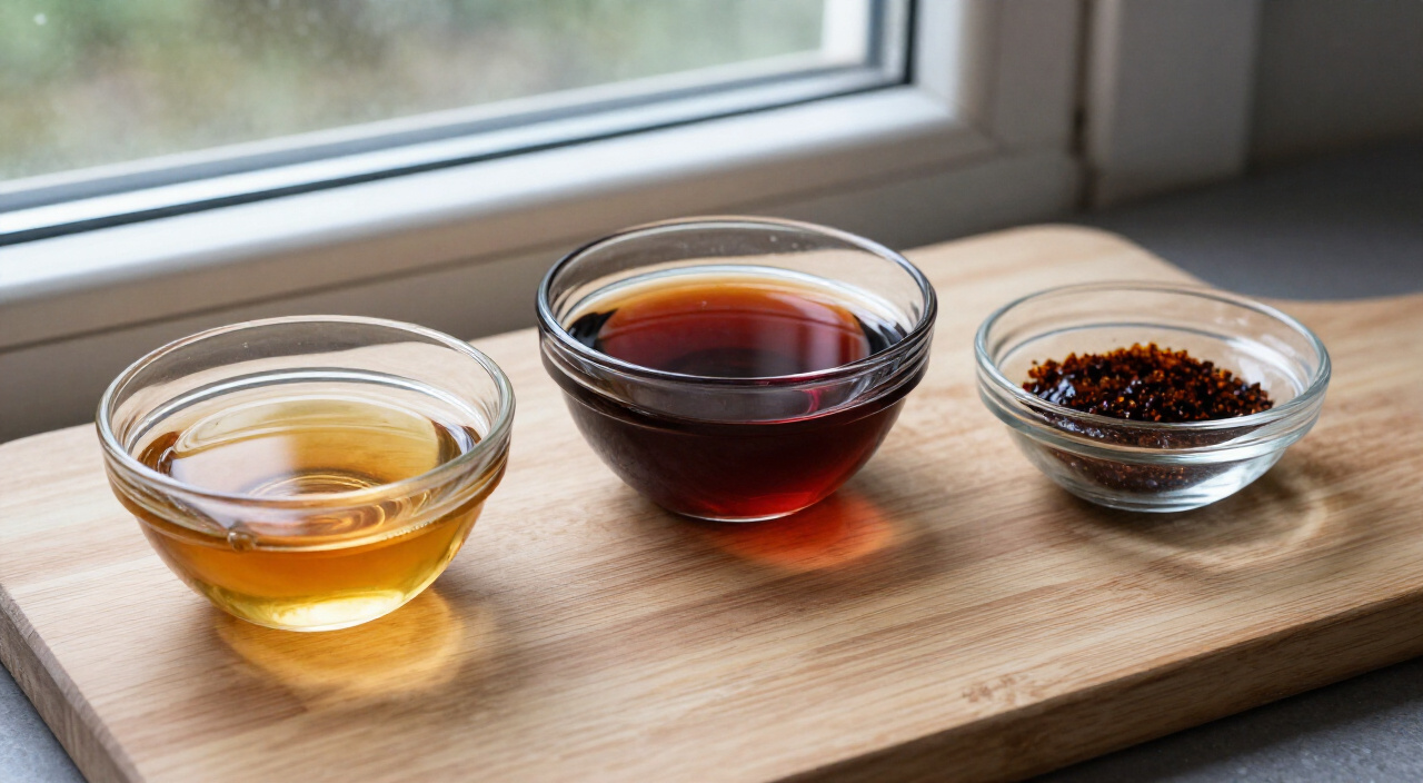 Blended Scotch whisky, sweet vermouth and Angostura bitters in small glass bowls on a wooden cutting board