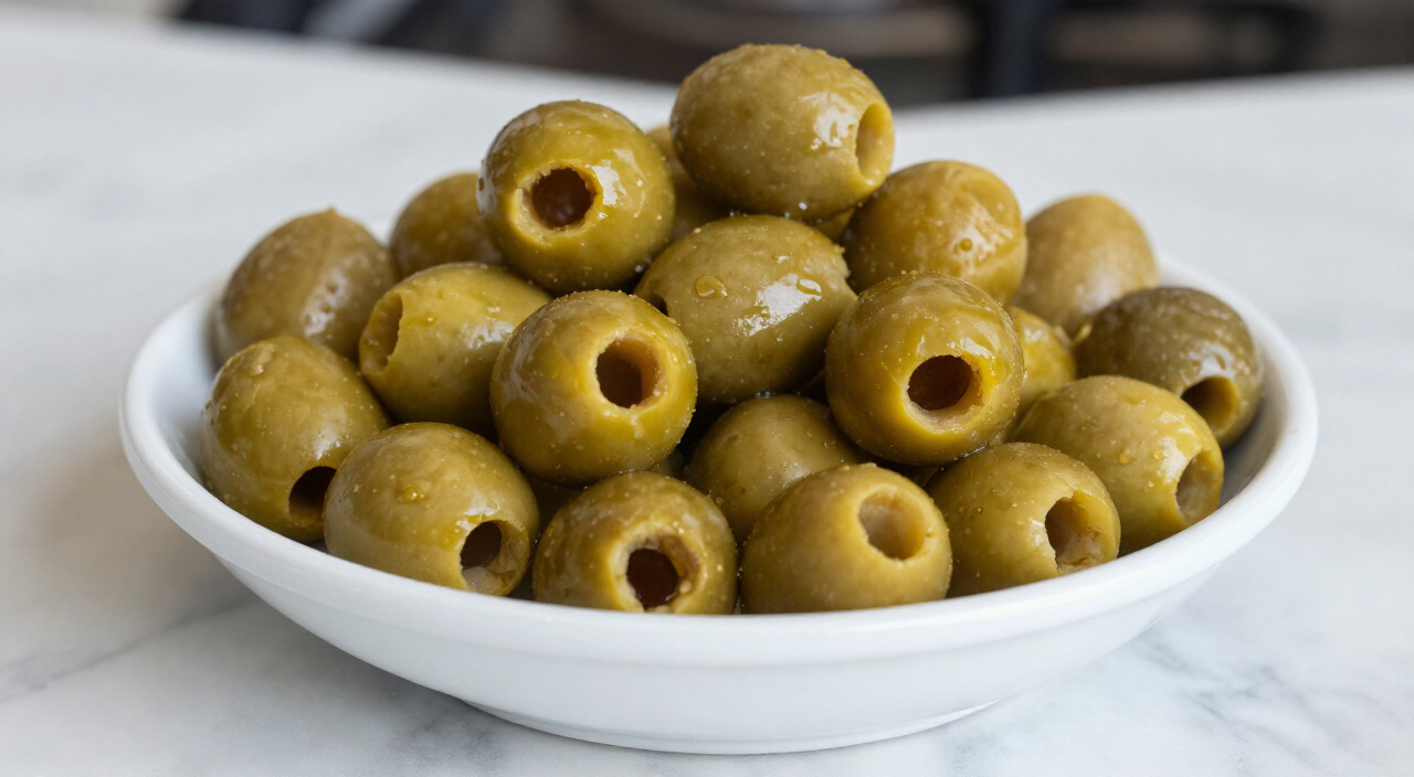 bowl of large pitted green olives on a marble bar