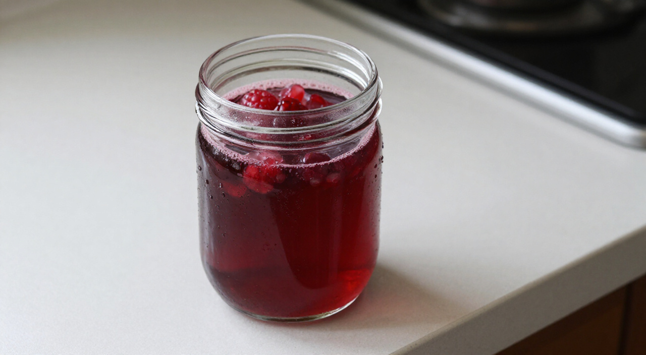 chilled raspberry pomegranate syrup in a glass jar
