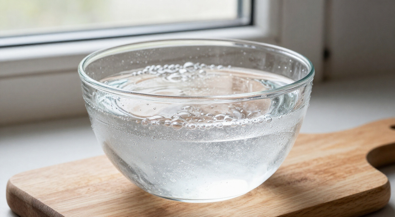 Chilled sparkling water fizzing in a glass bowl on a wooden cutting board