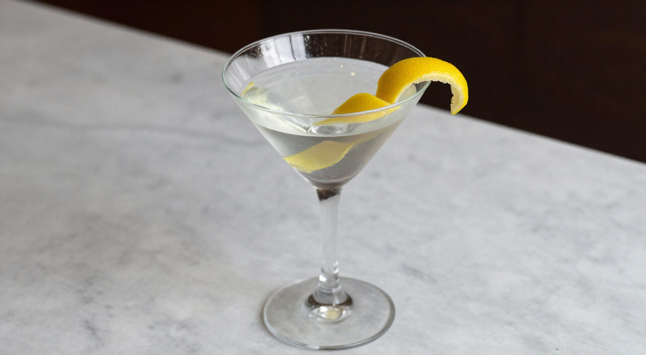classic martini with a lemon twist in a frosted glass