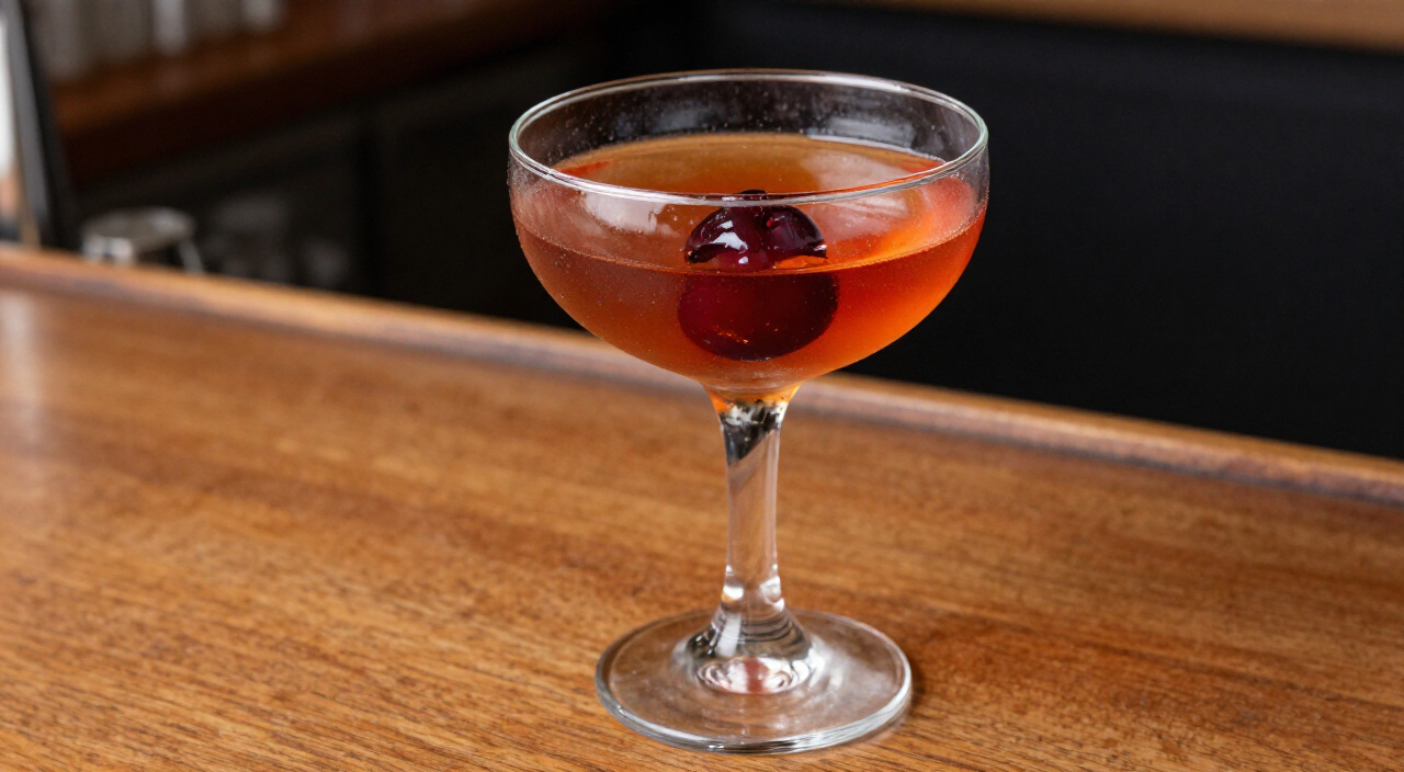 Classic sweet Rob Roy cocktail in a coupe with a brandied cherry