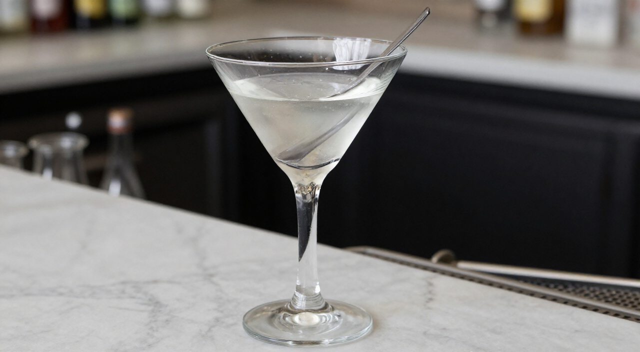 clear batched martini in a glass pitcher with a bar spoon