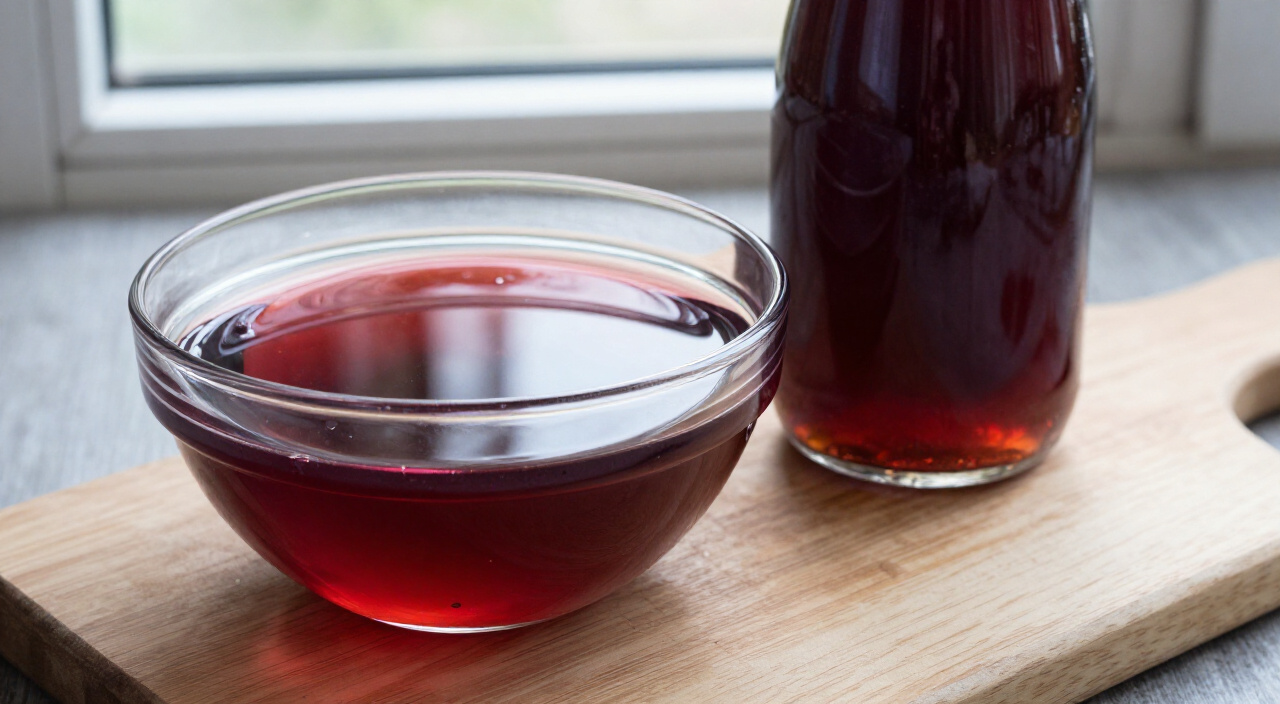 Deep red pomegranate juice in a glass bowl on a wooden cutting board