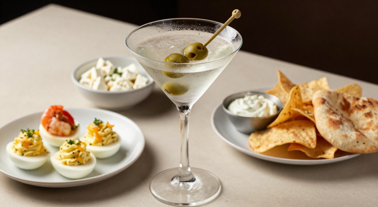 Dirty martini with green olives served with deviled eggs, shrimp cocktail, chips with dip and whipped feta