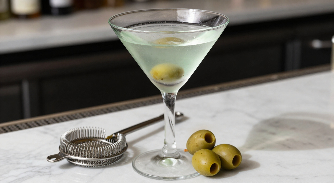 dirty martini with three green olives in a frosted glass