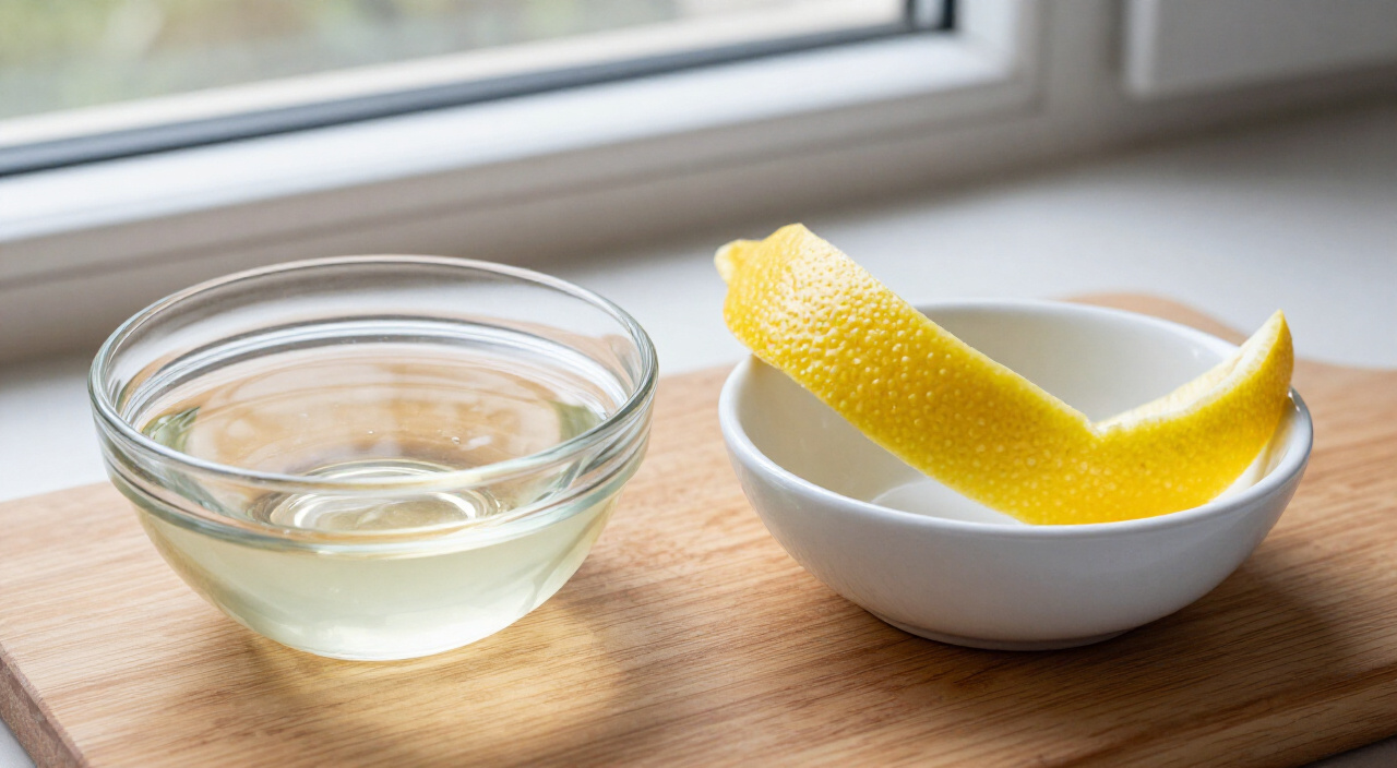 Dry vermouth and a strip of lemon peel in small bowls on a wooden cutting board