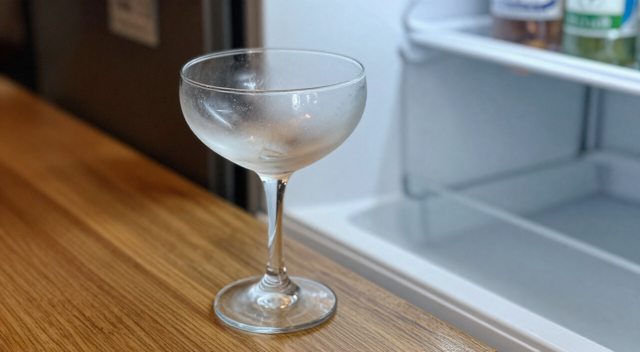 empty coupe glass frosted from chilling in the freezer