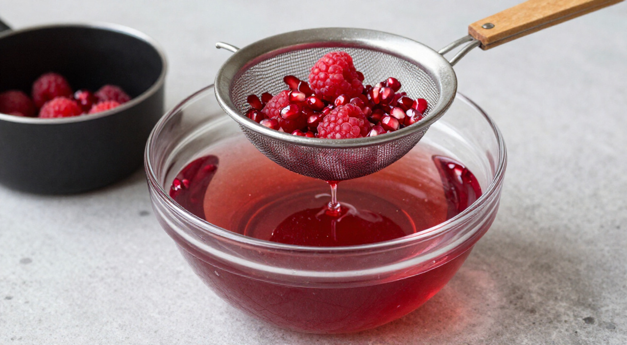 fine-mesh sieve with dry raspberry seeds over a bowl of glossy crimson syrup