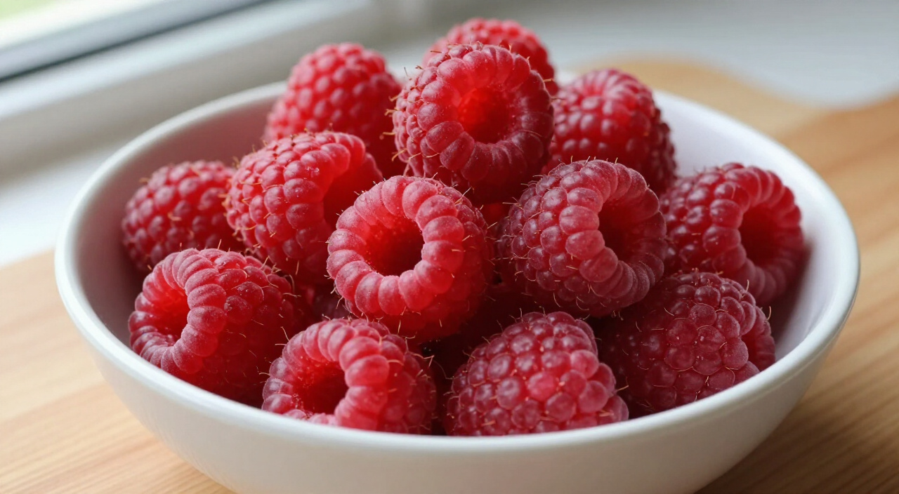 Fresh whole raspberries in a white bowl on a wooden cutting board
