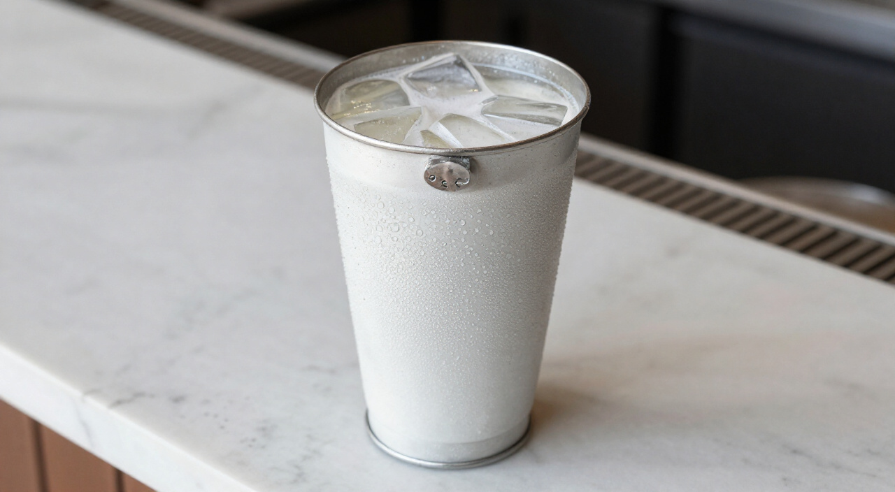 frosted cocktail shaker filled with ice and dirty martini
