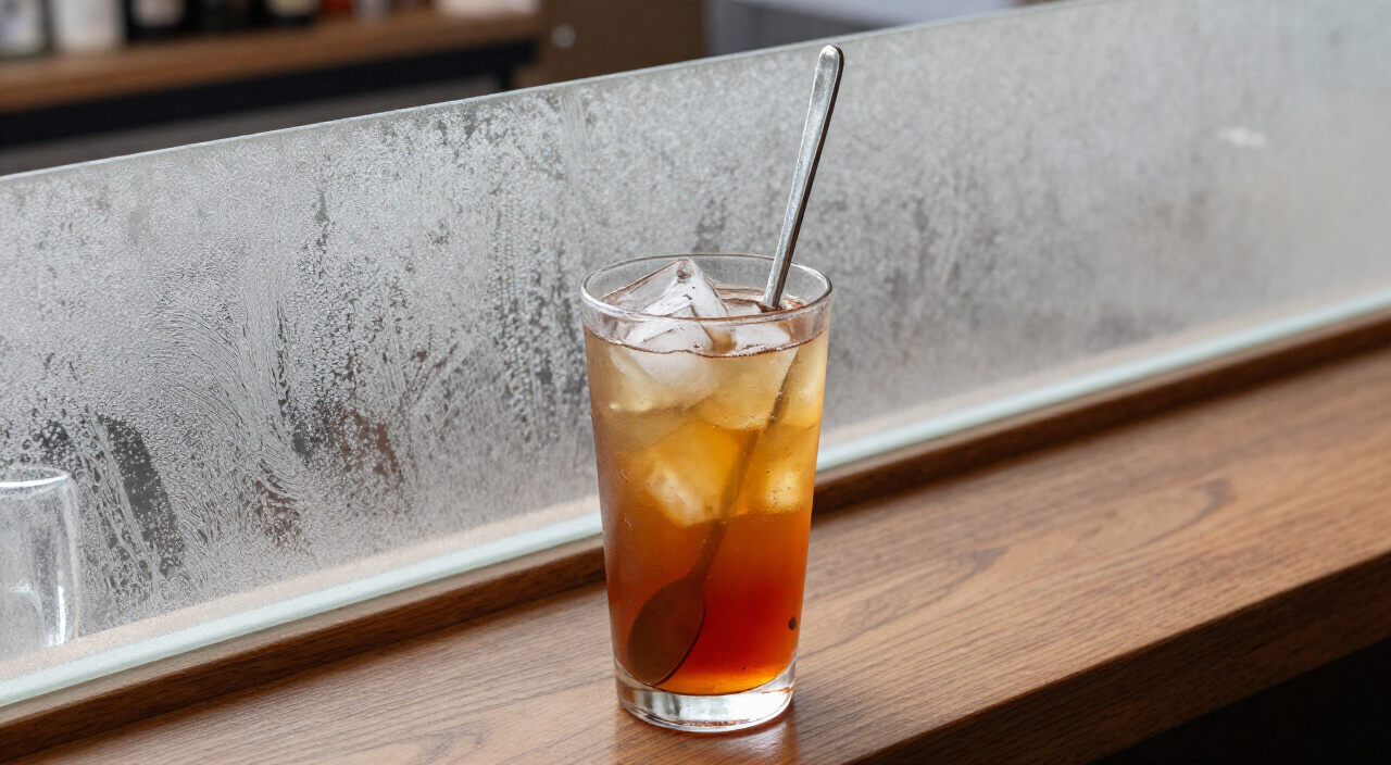 frosted mixing glass with ice, Rob Roy cocktail and a bar spoon after stirring
