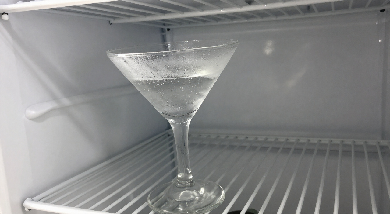frosted pitcher of batched martini chilling in a freezer
