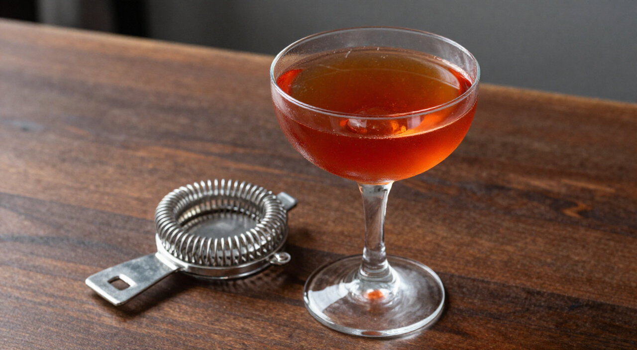Glossy clear Rob Roy in a frosted coupe beside a julep strainer