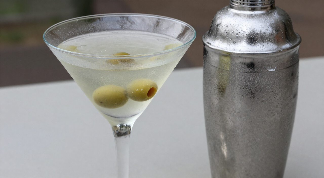 hazy dirty martini with three green olives beside a frosted cocktail shaker