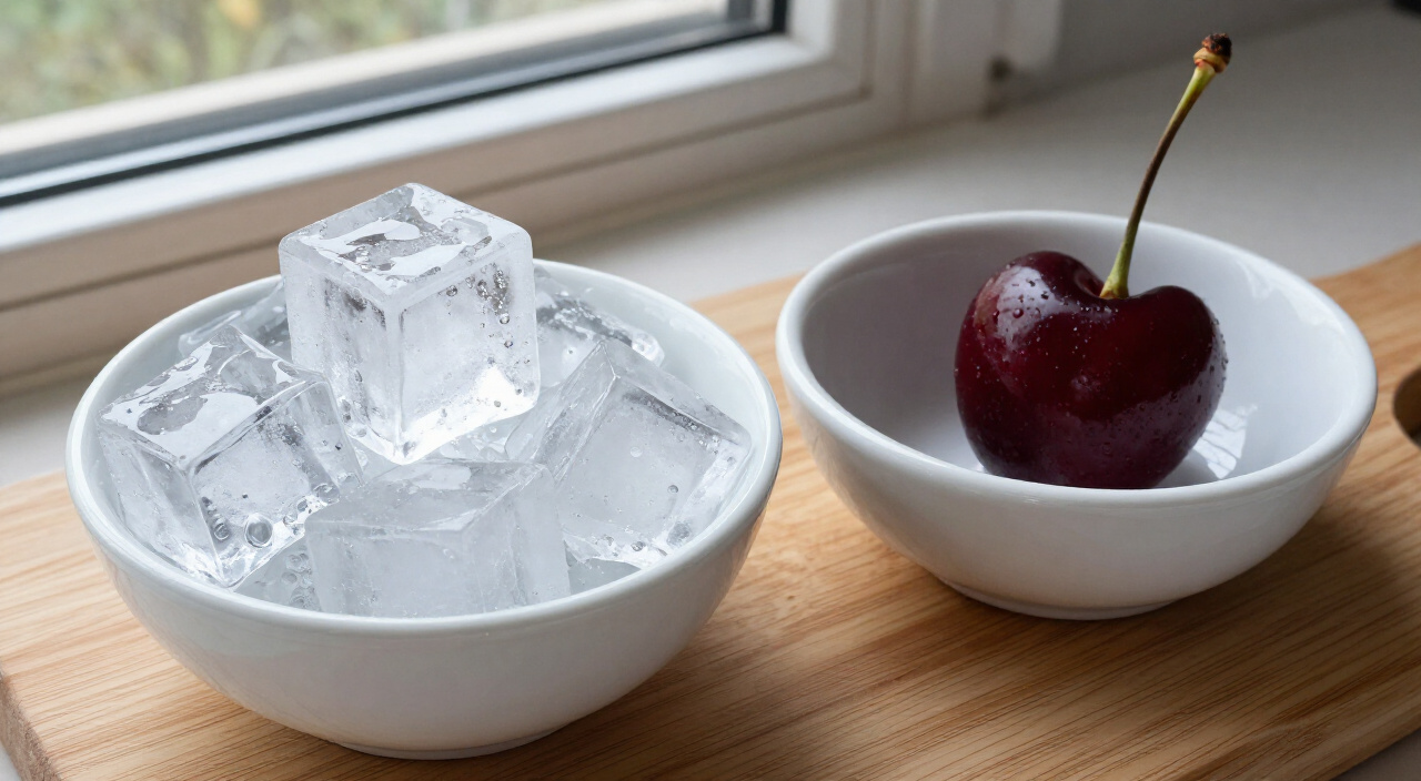 Ice cubes and a brandied cherry in white bowls on a wooden cutting board