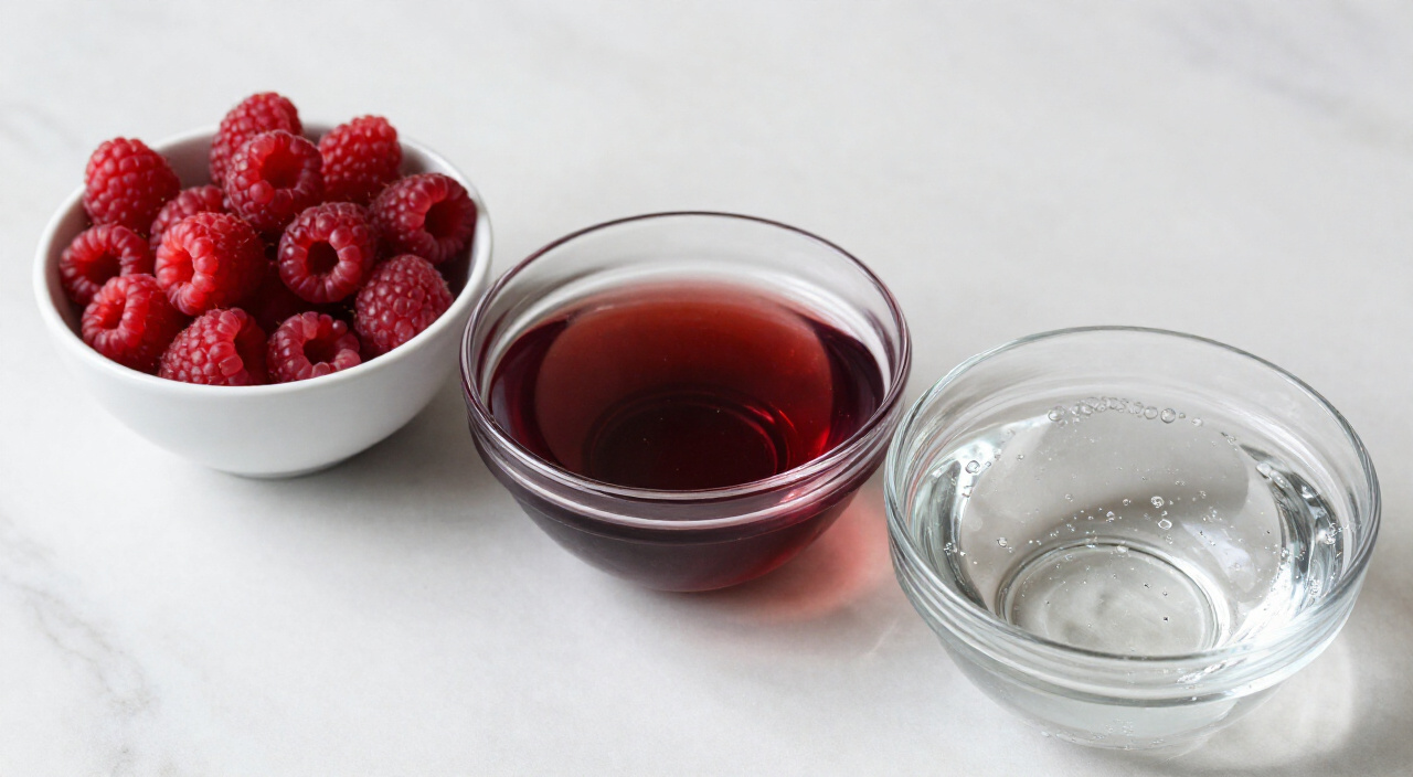 ingredients for a valentines mocktail with raspberries, pomegranate juice and sparkling water in bowls