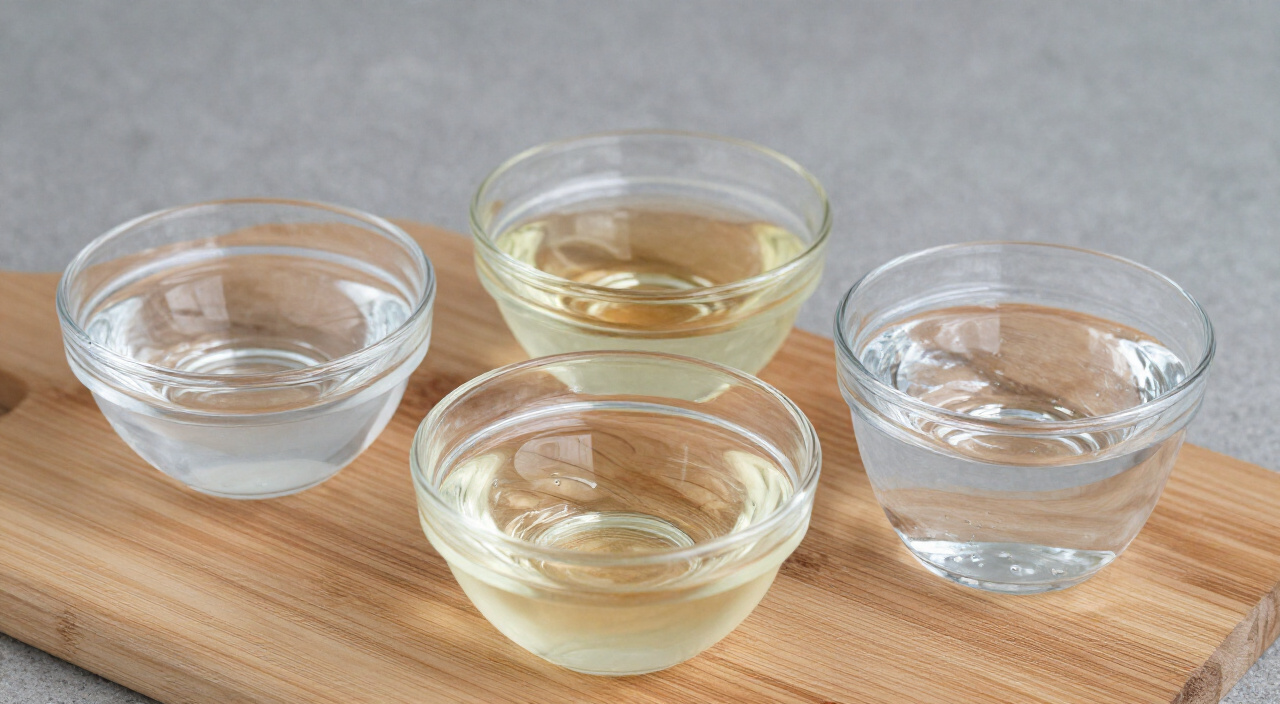 London dry gin, dry vermouth and filtered water in glass bowls on a wooden cutting board