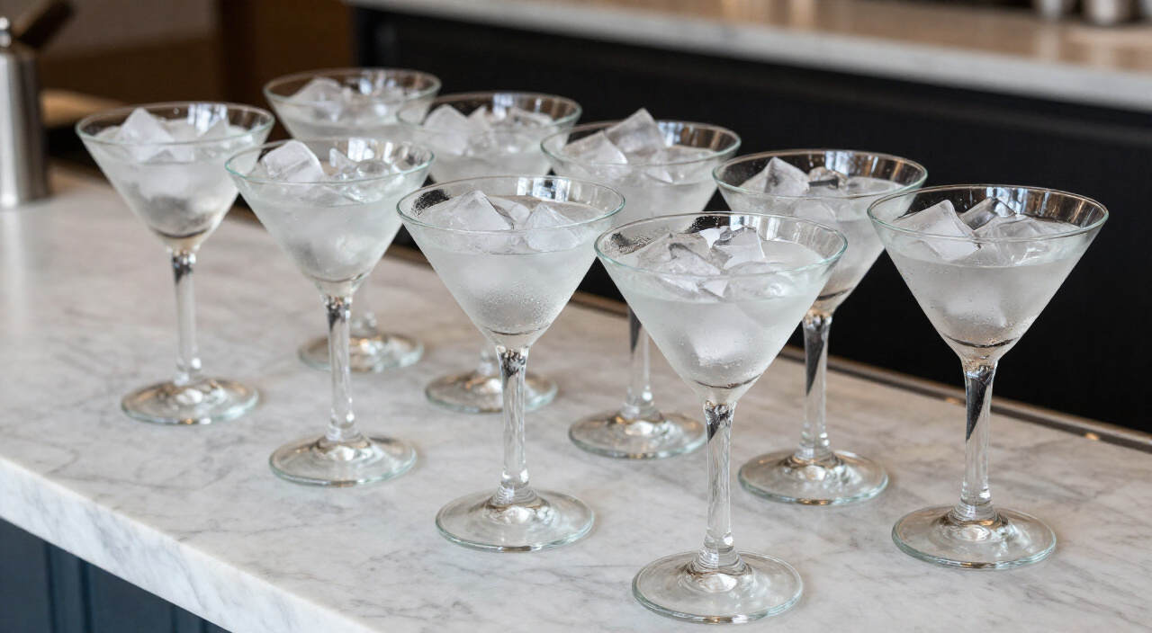 martini glasses filled with ice and frosting over on a marble bar
