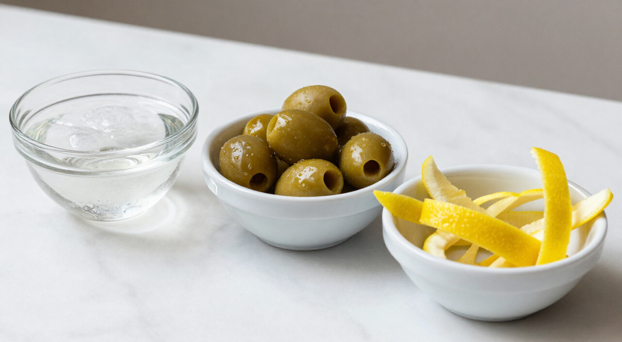 martini party ingredients of gin, pitted green olives and lemon peel strips in small bowls