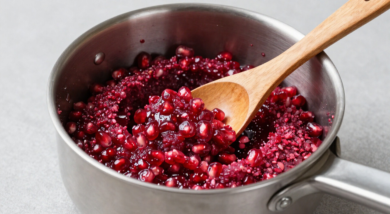 mashed raspberries in pomegranate juice in a saucepan