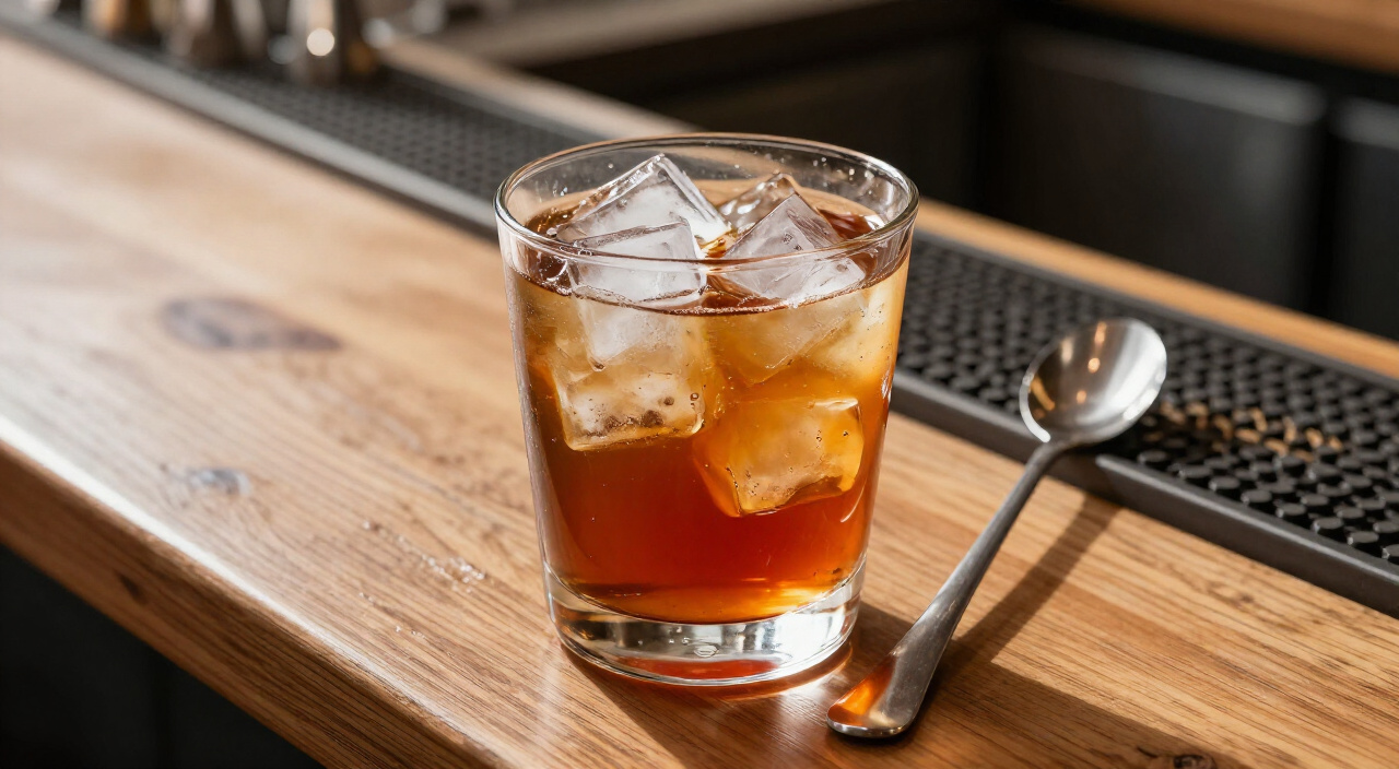 mixing glass filled with ice cubes and ruby-amber Rob Roy liquid
