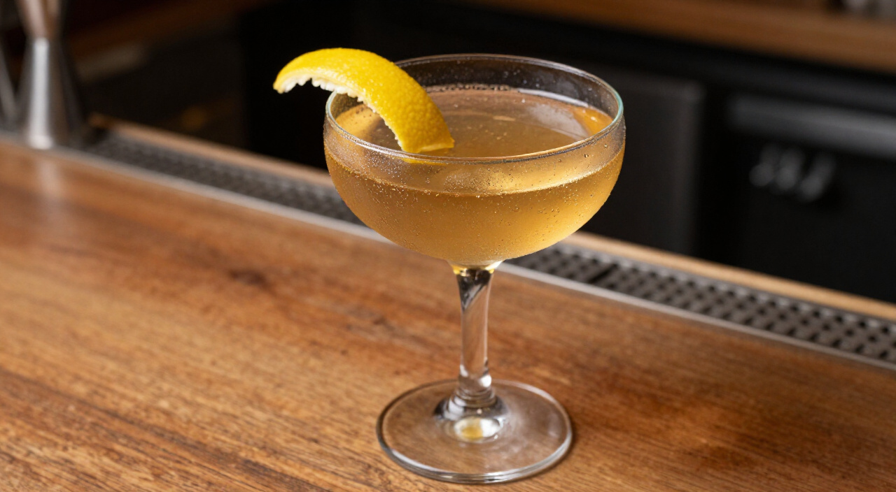 Perfect Rob Roy cocktail in a coupe garnished with a lemon peel strip