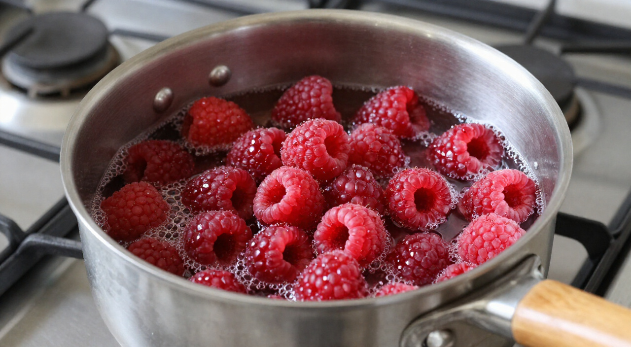 raspberries softening in simmering pomegranate juice