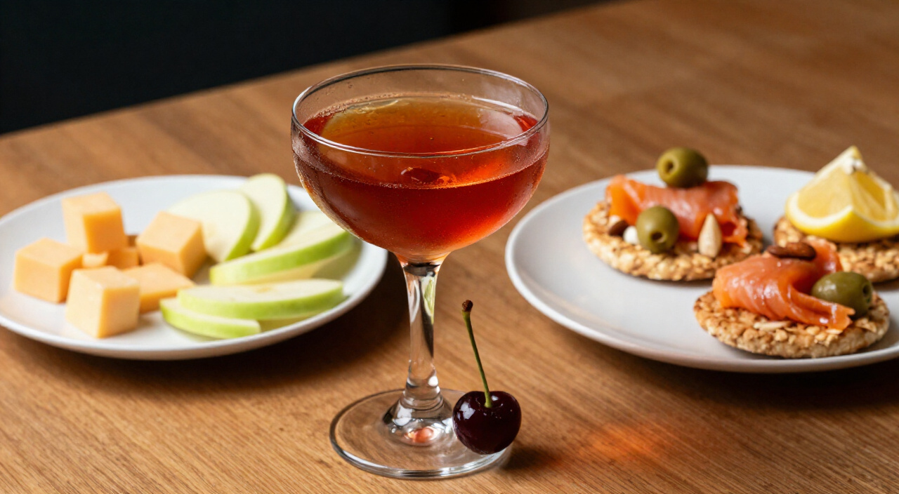 Rob Roy cocktail in a coupe with cheddar, apple slices, smoked salmon oatcakes, Marcona almonds and green olives