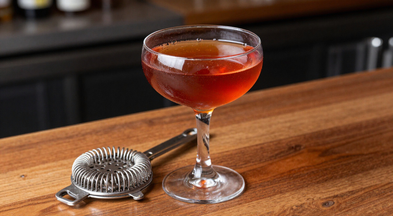 Rob Roy cocktail strained into a chilled coupe glass beside a julep strainer