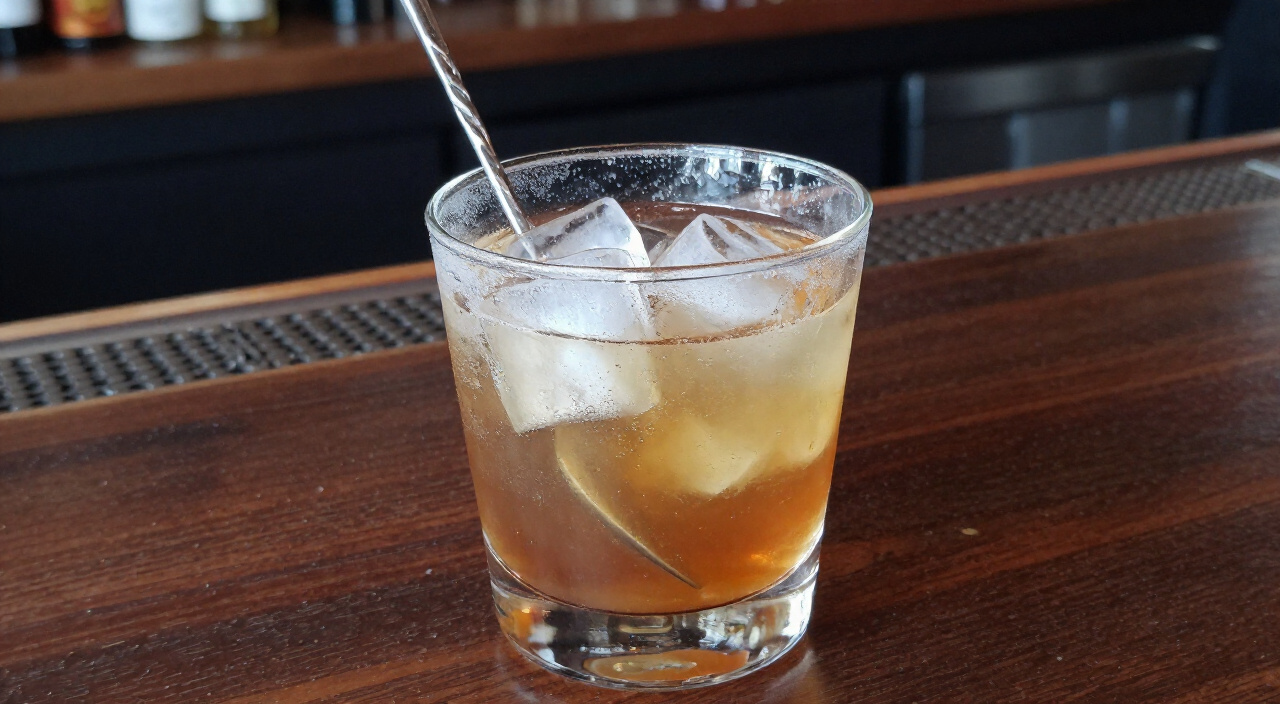 Rob Roy in a frosted mixing glass with ice cubes and a long bar spoon