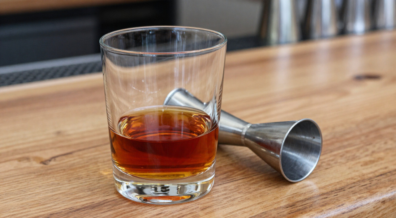 Scotch and sweet vermouth together in a mixing glass, deep ruby-amber color