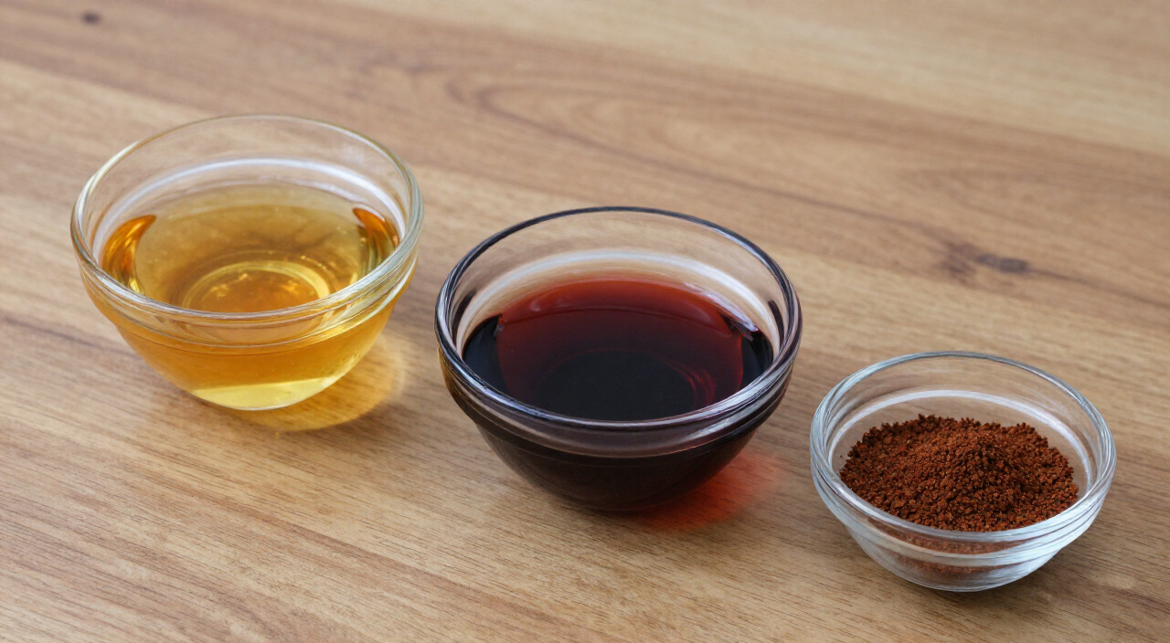 Scotch whisky, sweet vermouth and Angostura bitters in small glass bowls for a Rob Roy cocktail