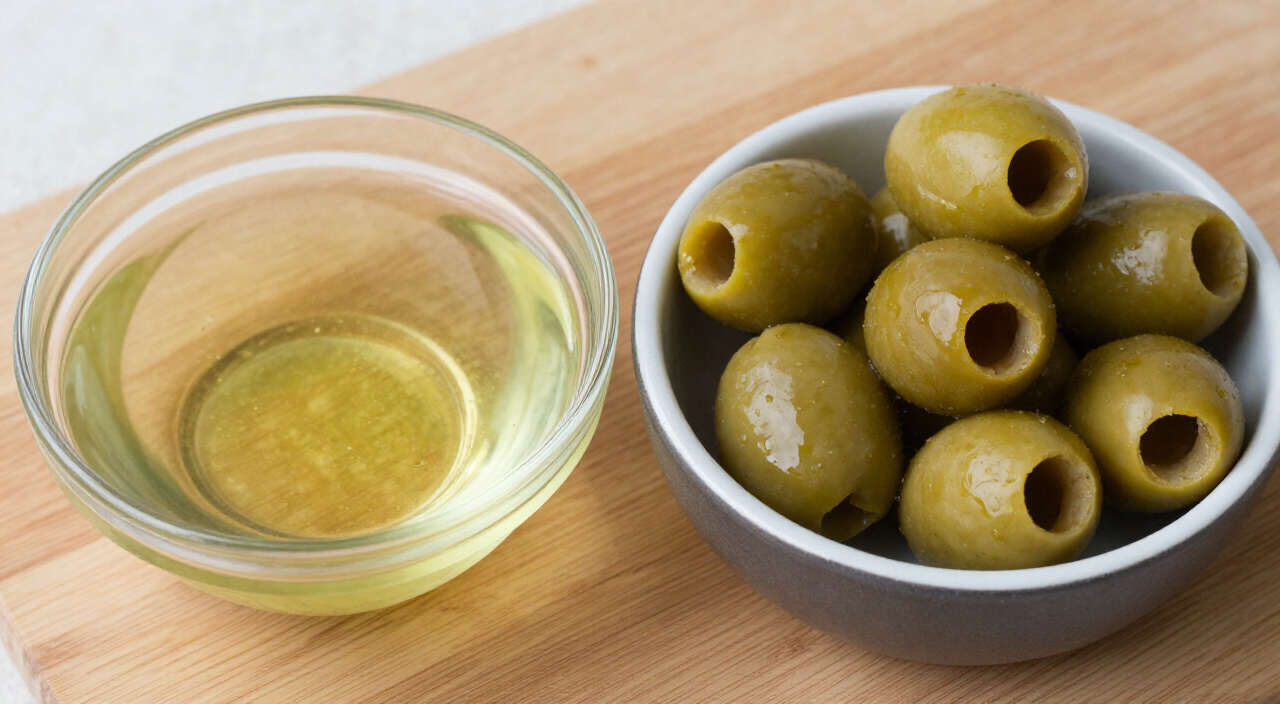 Strained green olive brine and pitted green olives in bowls on a wooden cutting board
