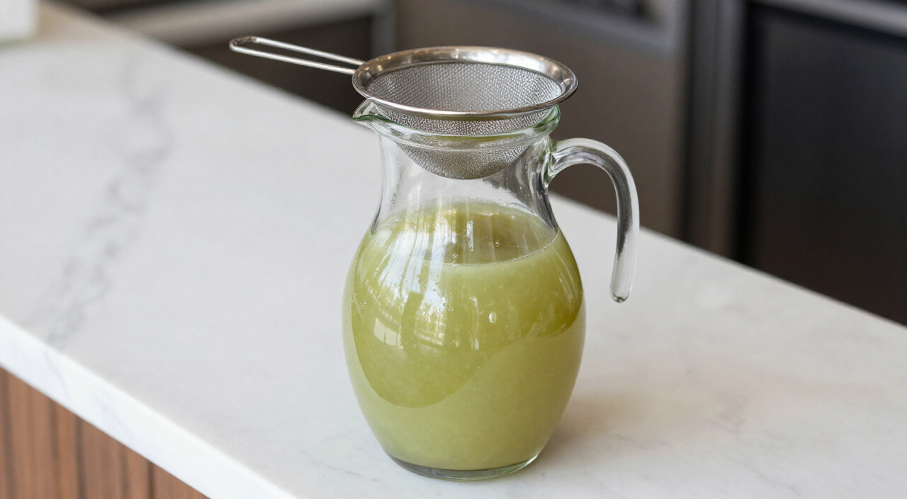 strained green olive brine in a small glass jug with a sieve