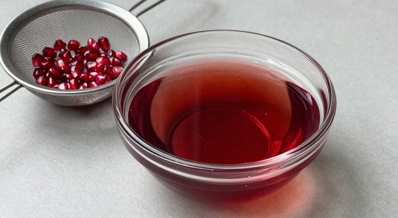 strained raspberry pomegranate syrup beside a fine-mesh strainer