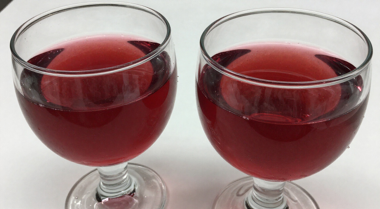 two glasses with equal layers of ruby raspberry pomegranate syrup