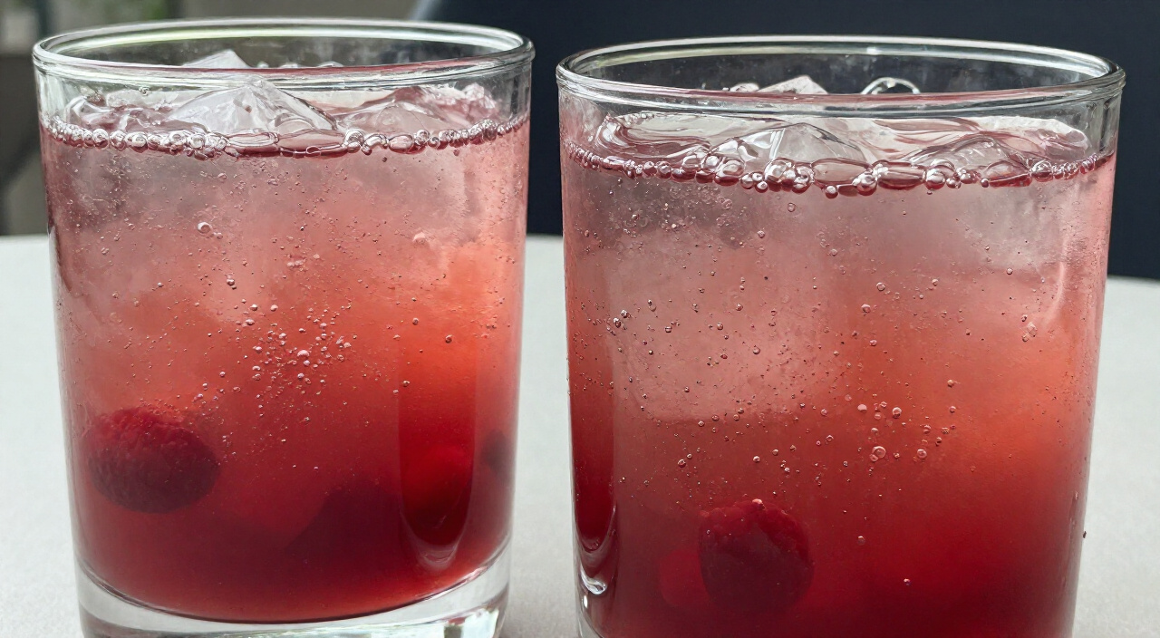 two glasses with ruby syrup at the base and rosy pink sparkling water fizzing above