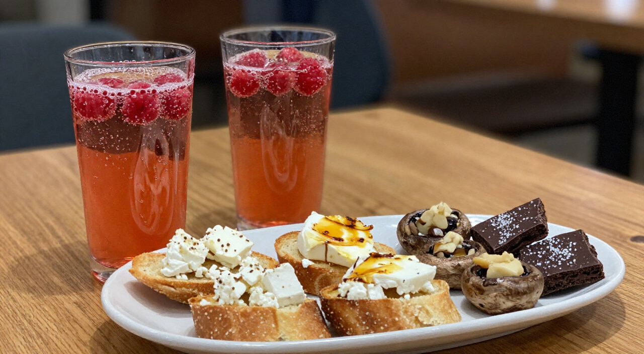 Two pink raspberry pomegranate mocktails with feta crostini, brie bites, stuffed mushrooms and chocolate bark