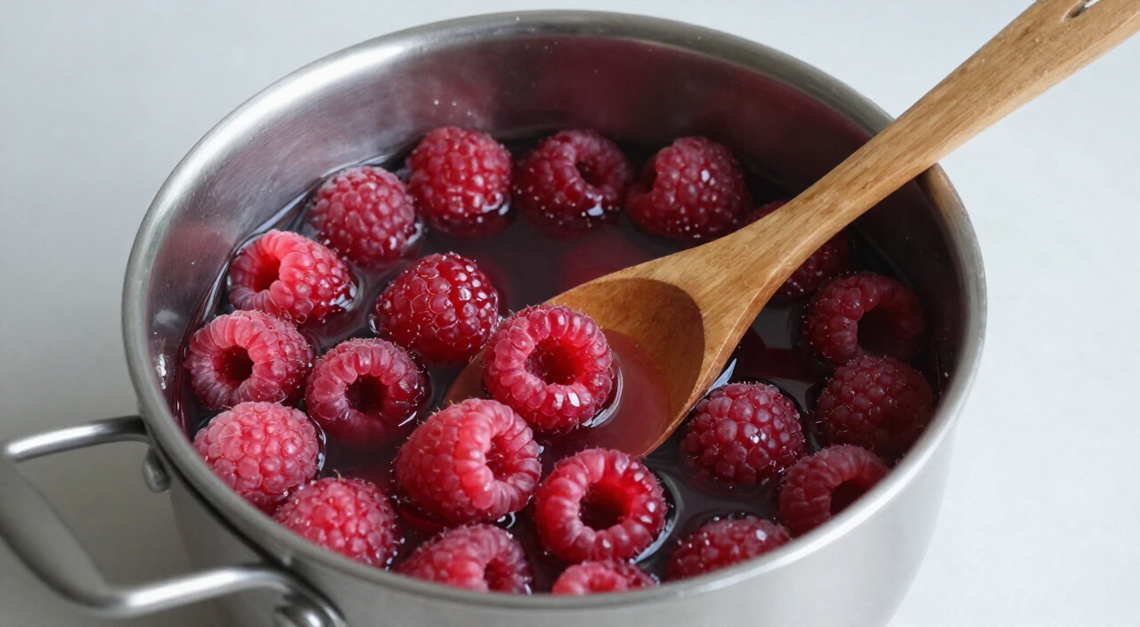 whole raspberries in pomegranate juice in a small saucepan