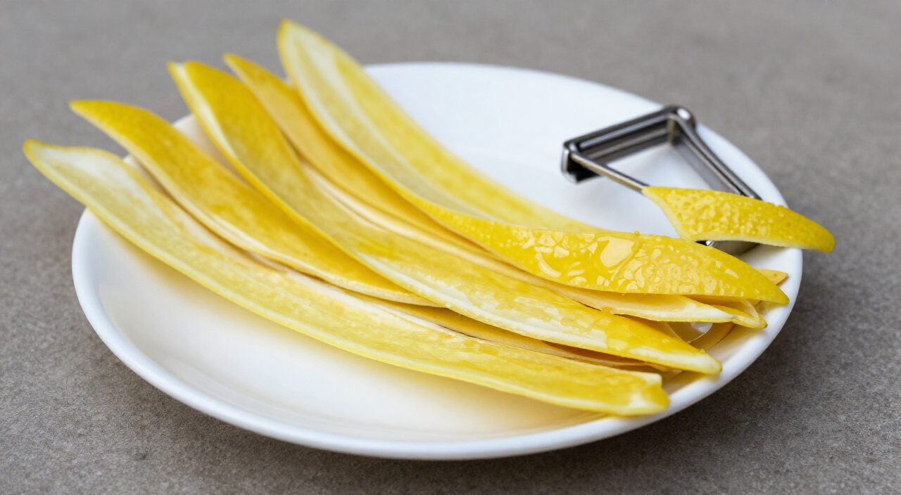 wide bright yellow lemon peel strips on a white plate beside a vegetable peeler