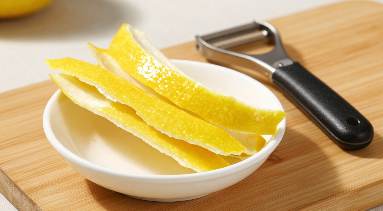 wide lemon peel strips in a bowl next to a vegetable peeler