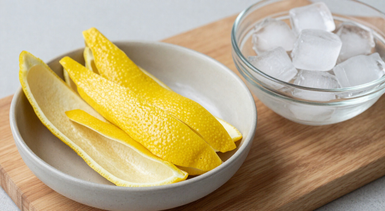 Wide lemon peel strips and ice cubes in bowls on a wooden cutting board